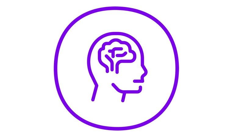 a purple outline of a side view of a persons head with an outline of a brain surrounded by a purple outlined circle