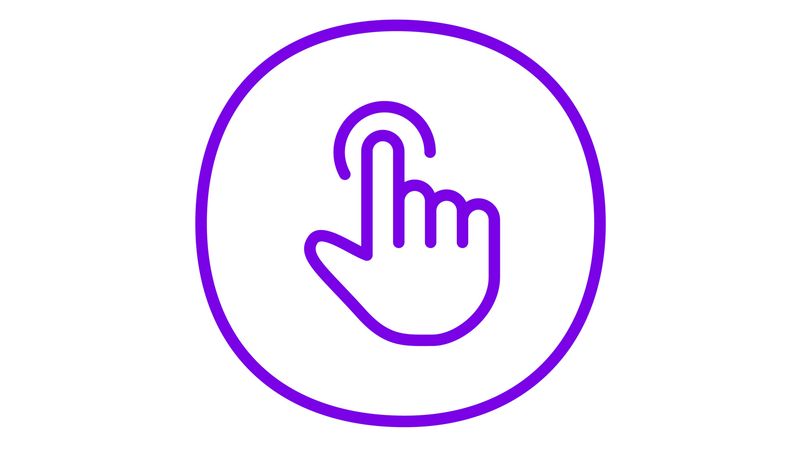 a purple outline of hand with the thumb and first fingers extended surrounded by a purple outlined circle